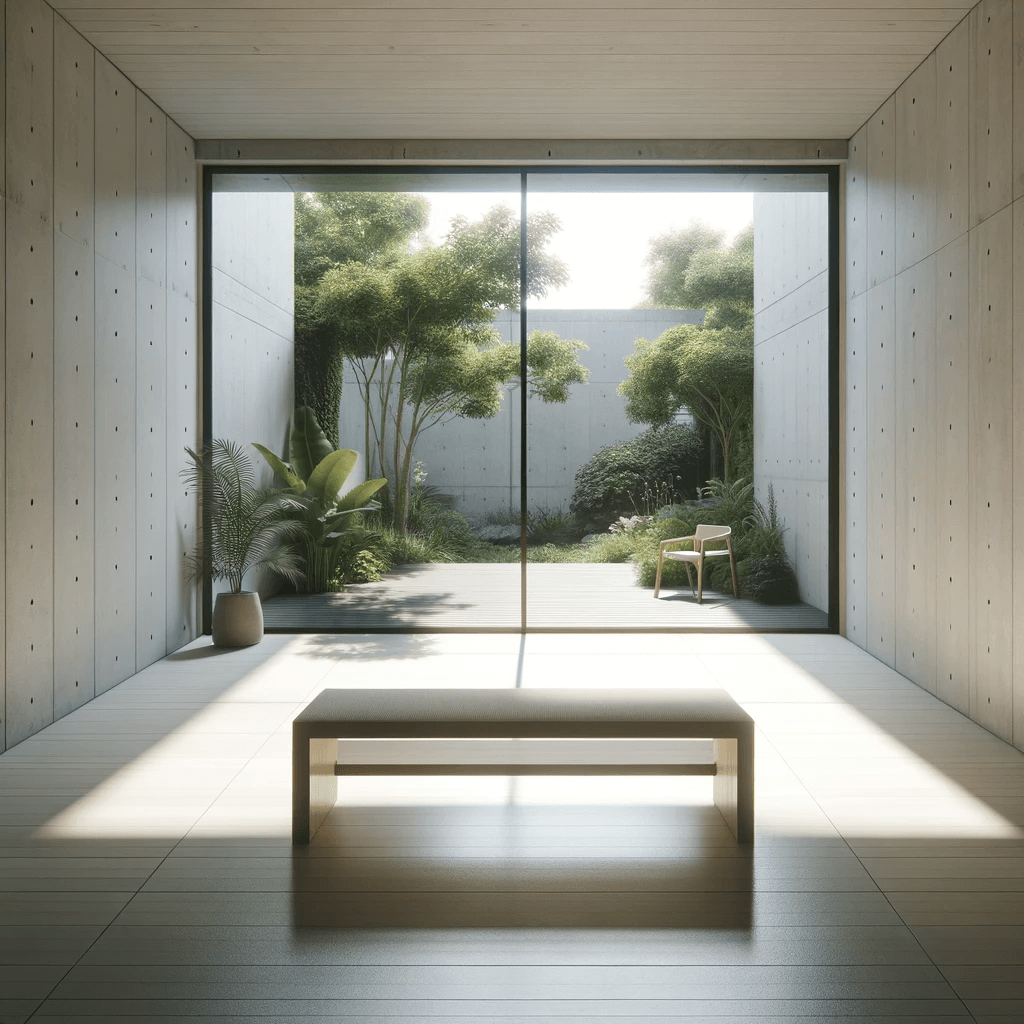 Interior minimalista con vista a patio ajardinado a través de ventanales grandes