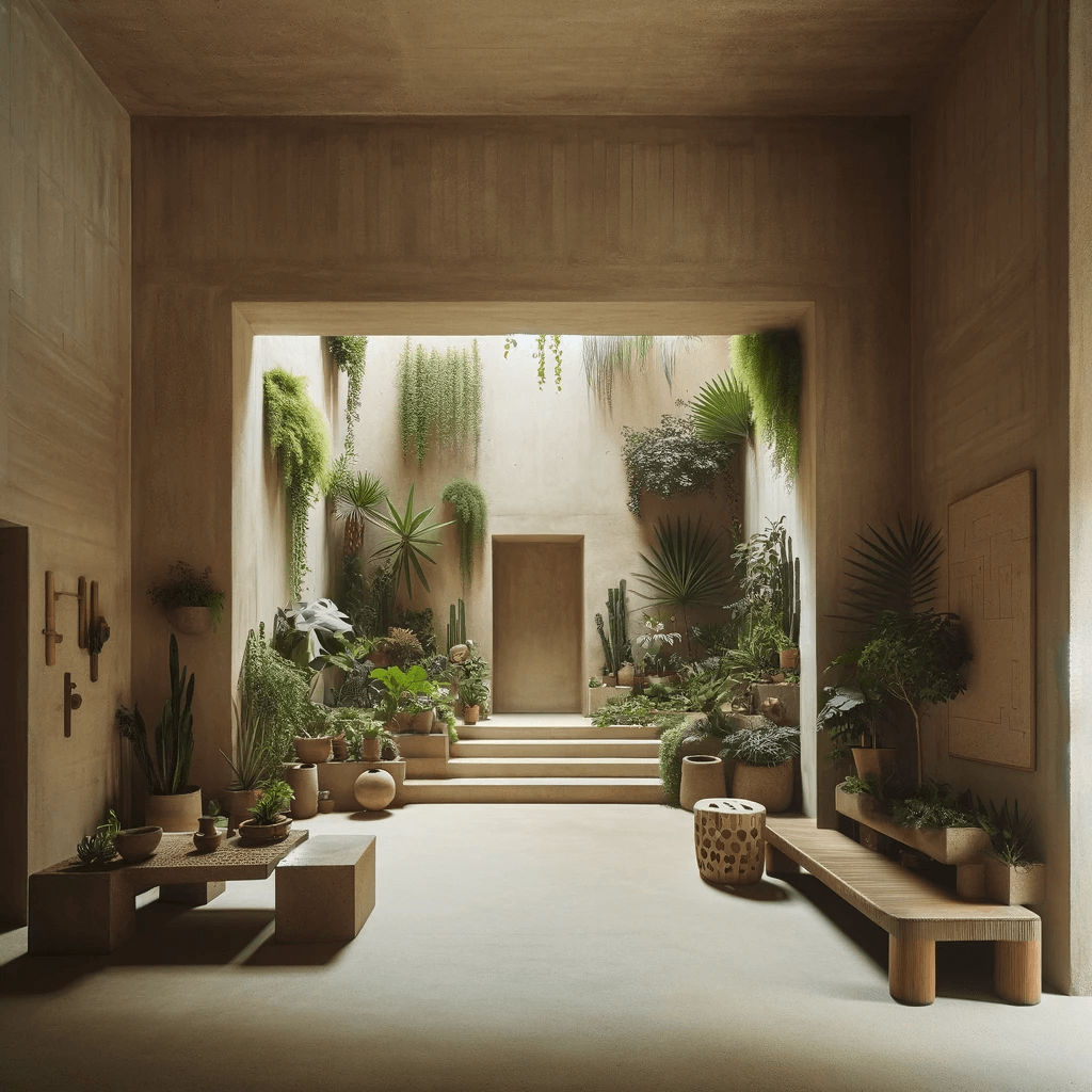 Interior de concepto biofílico con muros de adobe y plantas variadas