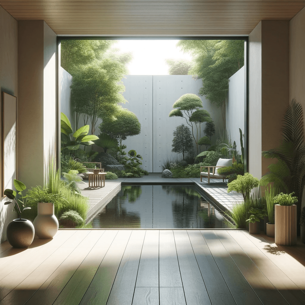 Espacio de patio tranquilo con estanque y vegetación densa en diseño biofílico