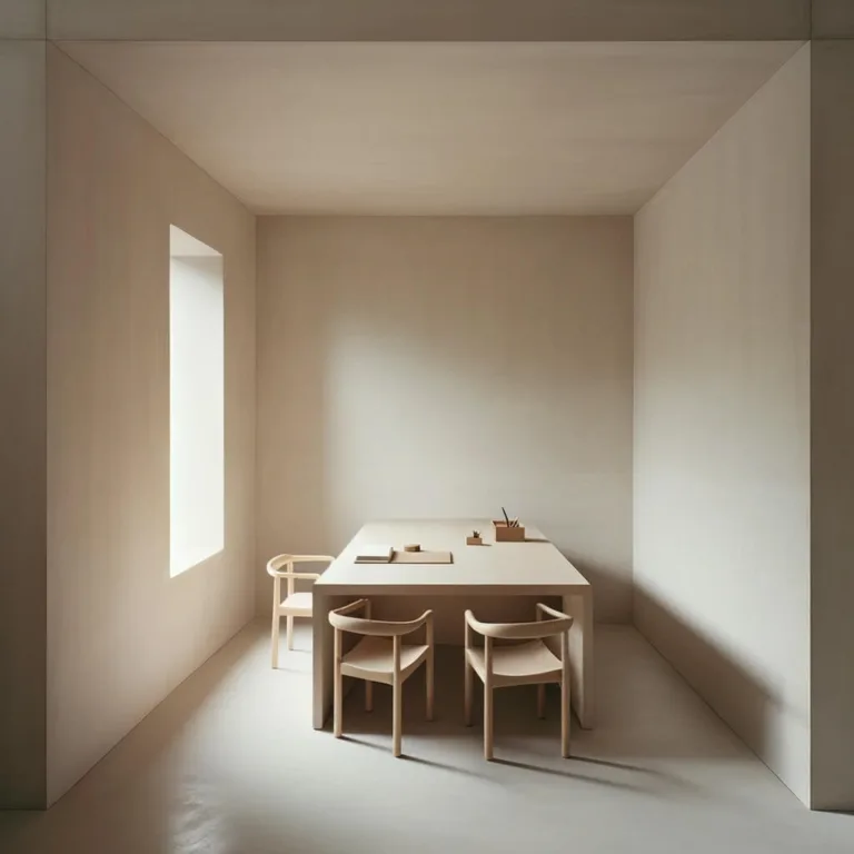 Estudio de arquitectura minimalista con revestimientos de microcemento y muebles de madera sencillos