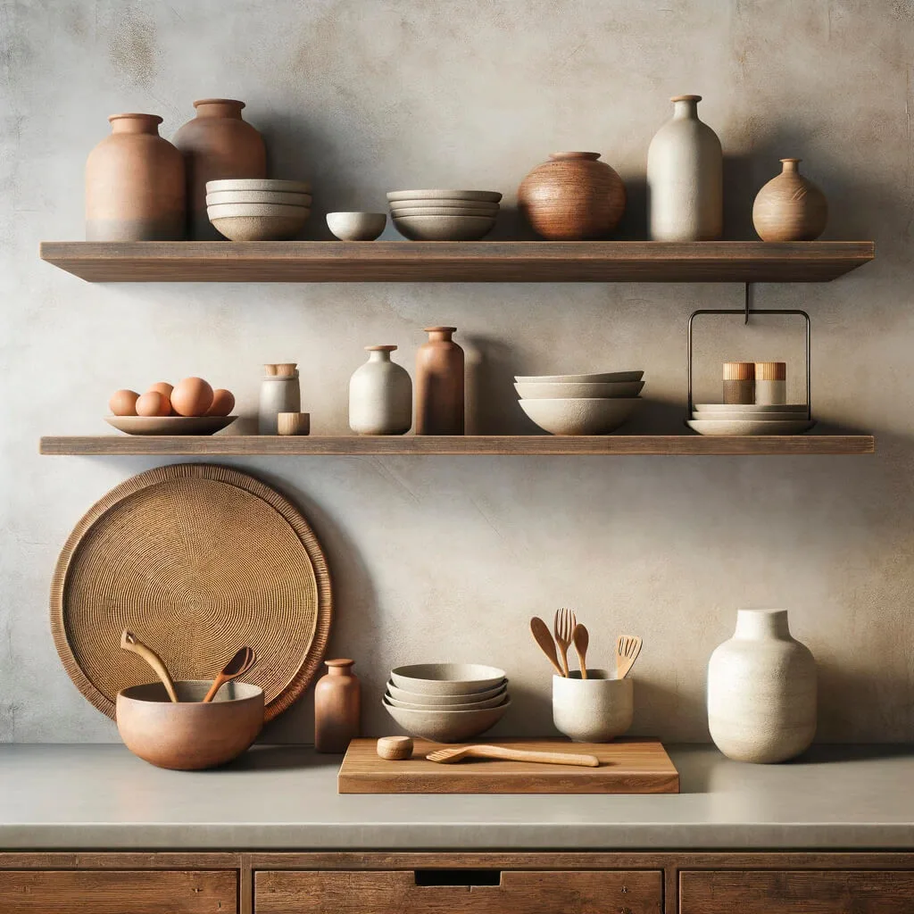 Cocina minimalista con utensilios de estilo Wabi-Sabi en cerámica y madera.