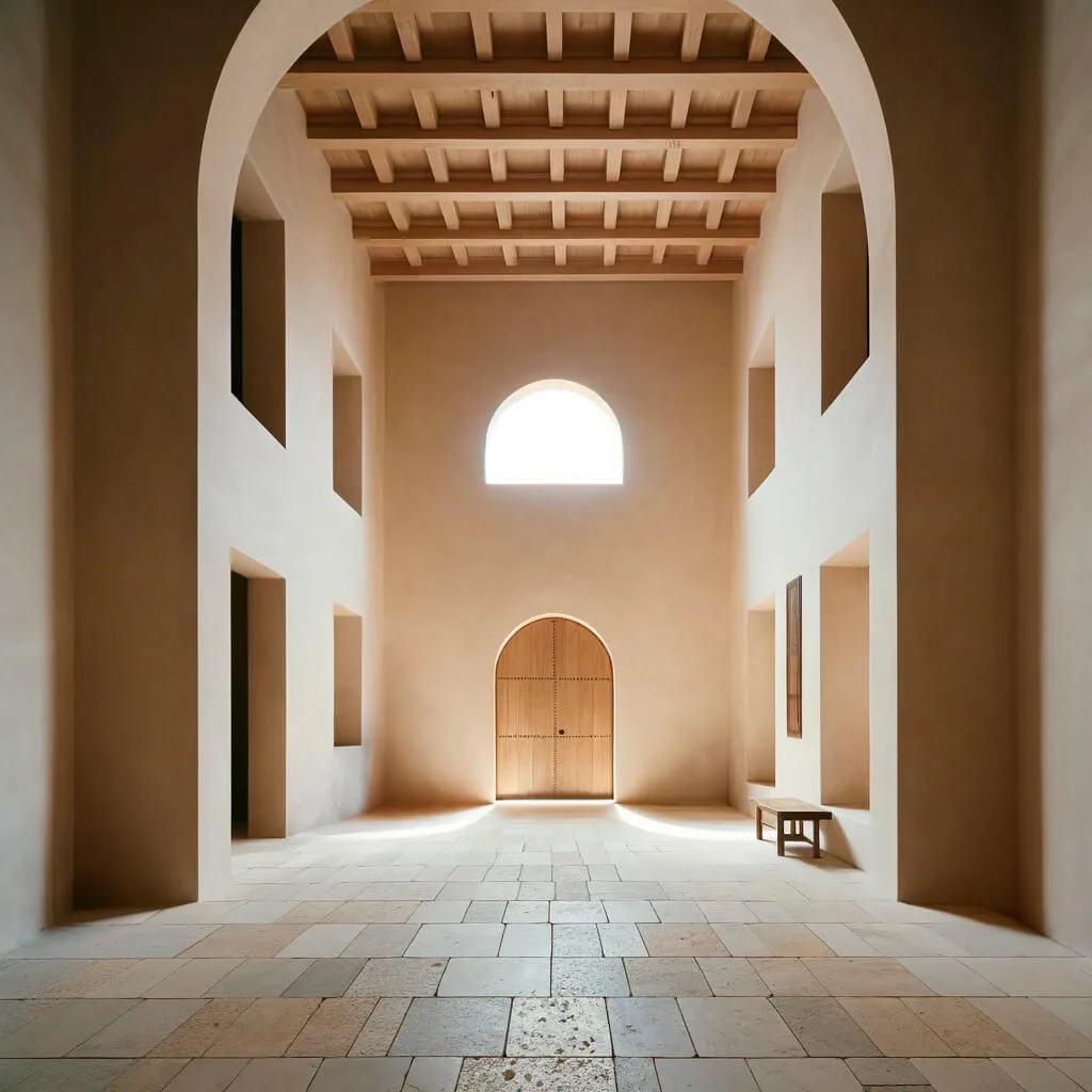 Arquitectura Wabi-Sabi con techo de vigas de madera y una ventana que permite la entrada de luz natural.
