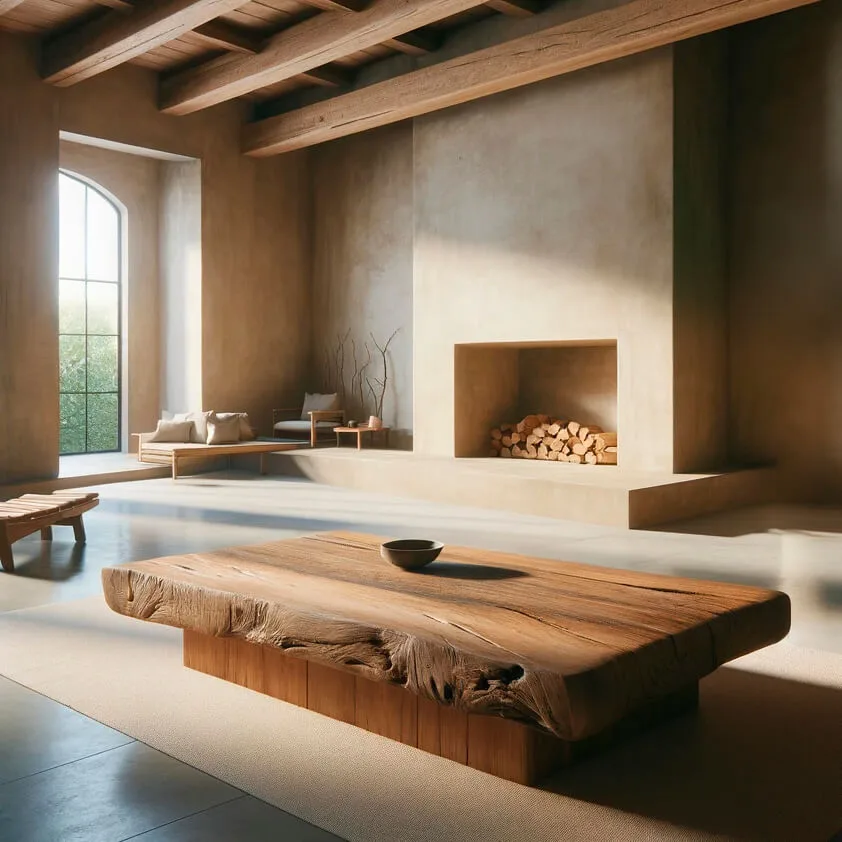 Sala de estar Wabi-Sabi con una mesa de centro de madera rústica y chimenea minimalista.