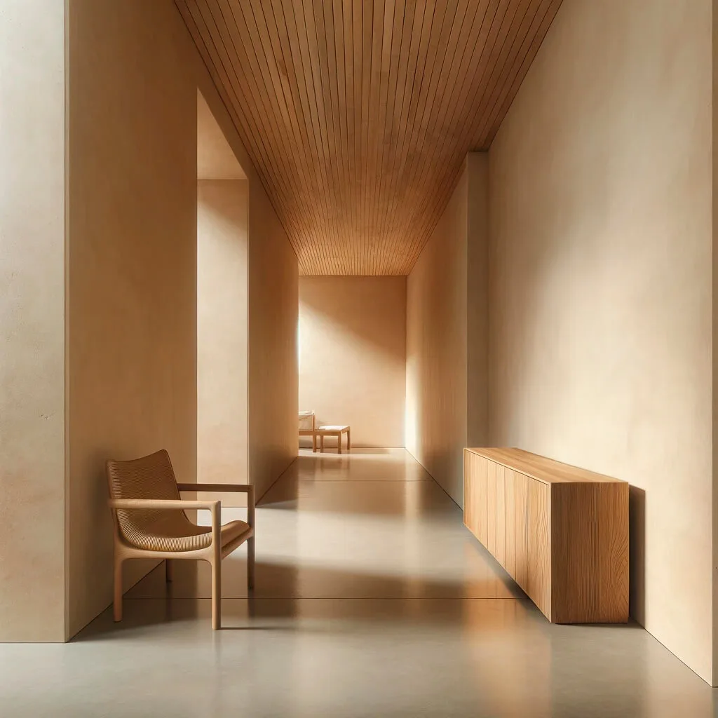 Pasillo minimalista con mobiliario Wabi-Sabi y techo de madera lineal.