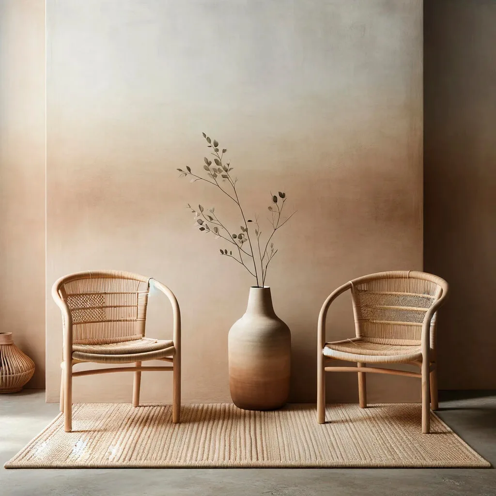 Decoración Wabi-Sabi con sillas de ratán y jarrón de cerámica en tonos neutros.